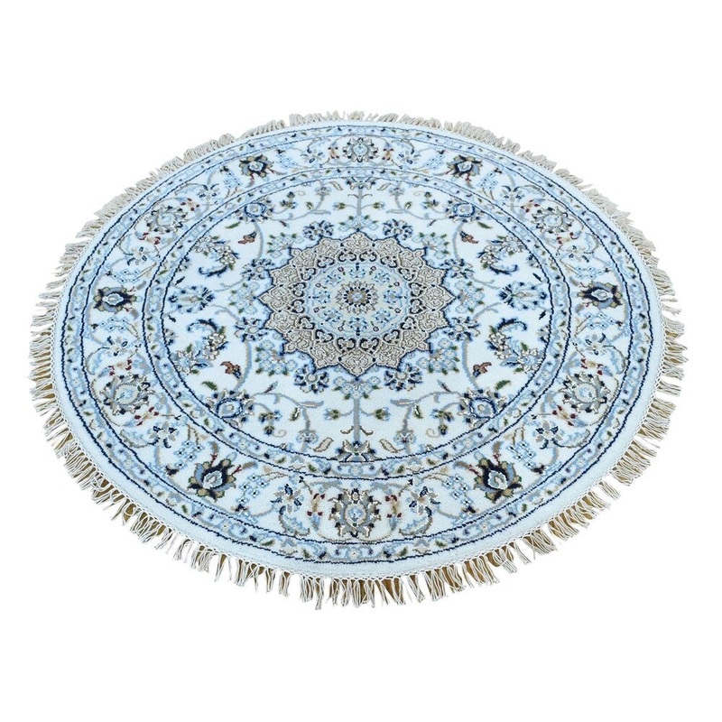 Shahbanu Rugs Round Hand-Knotted Wool and Silk 250 Kpsi Ivory Nain Rug (4'1" x 4'1") - 4'1" x 4'1"