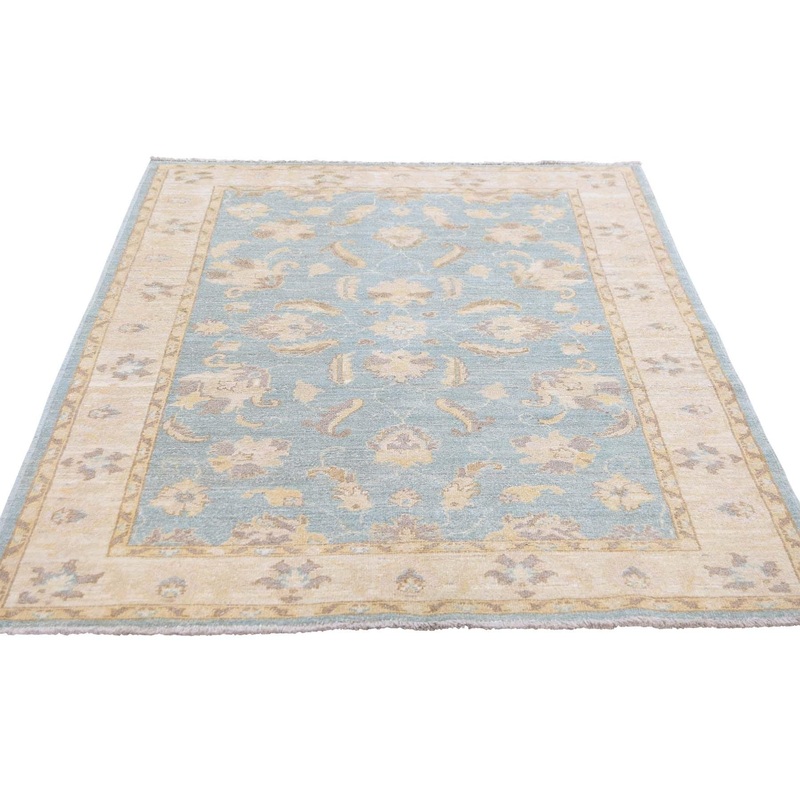 Shahbanu Rugs Sky Blue Pure Wool Peshawar Hand-Knotted Oriental Rug (4'0" x 6'0") - 4'0" x 6'0"