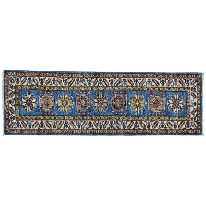 Shahbanu Rugs Super Kazak Blue Geometric Design Hand-Knotted Runner Oriental Rug (2'0" x 6'4") - 2'0" x 6'4"