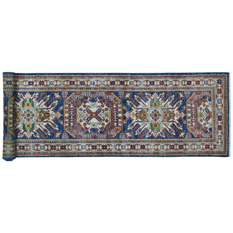 Shahbanu Rugs Super Kazak Blue Geometric Design Hand-Knotted Runner Oriental Rug (2'8" x 12'9") - 2'8" x 12'9"
