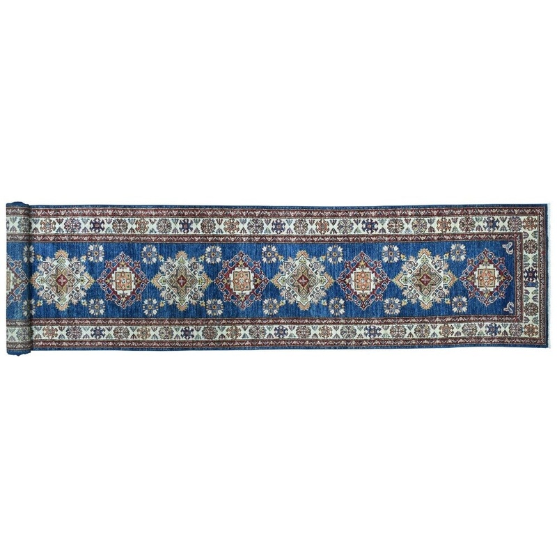 Shahbanu Rugs Super Kazak Pure Wool Geometric Design Blue XL Runner Pure Wool Rug (2'6" x 19'4") - 2'6" x 19'4"