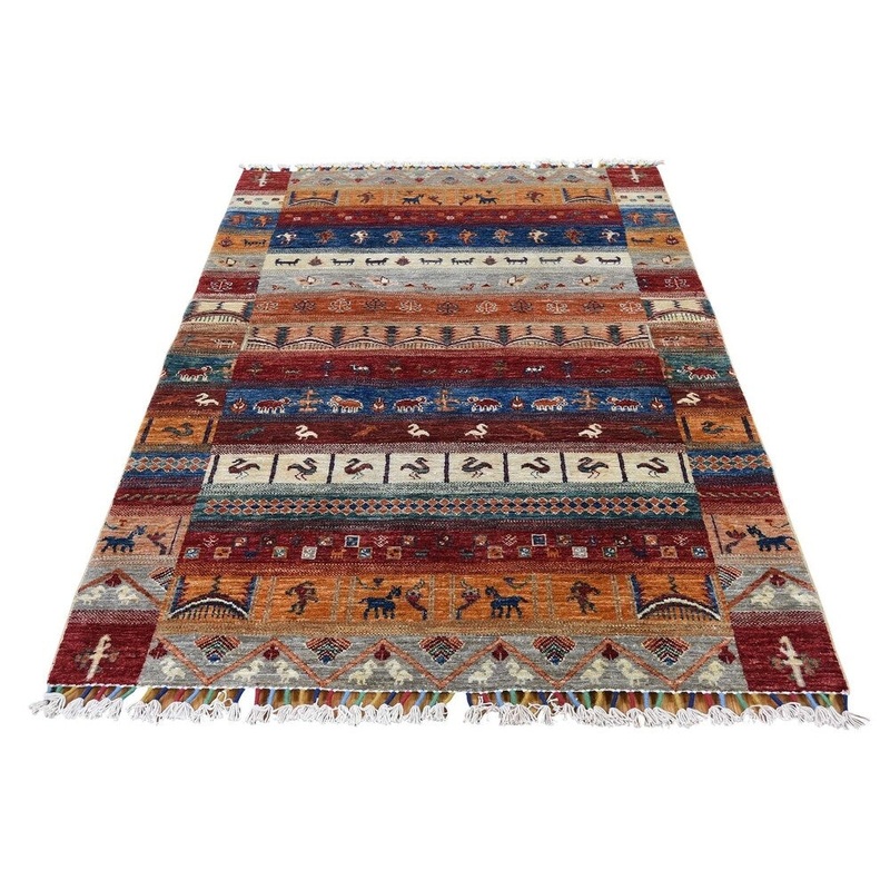 Shahbanu Rugs Super Kazak With Gabbeh Design Hand-Knotted Pure Wool Rug (4'1" x 5'10") - 4'1" x 5'10"