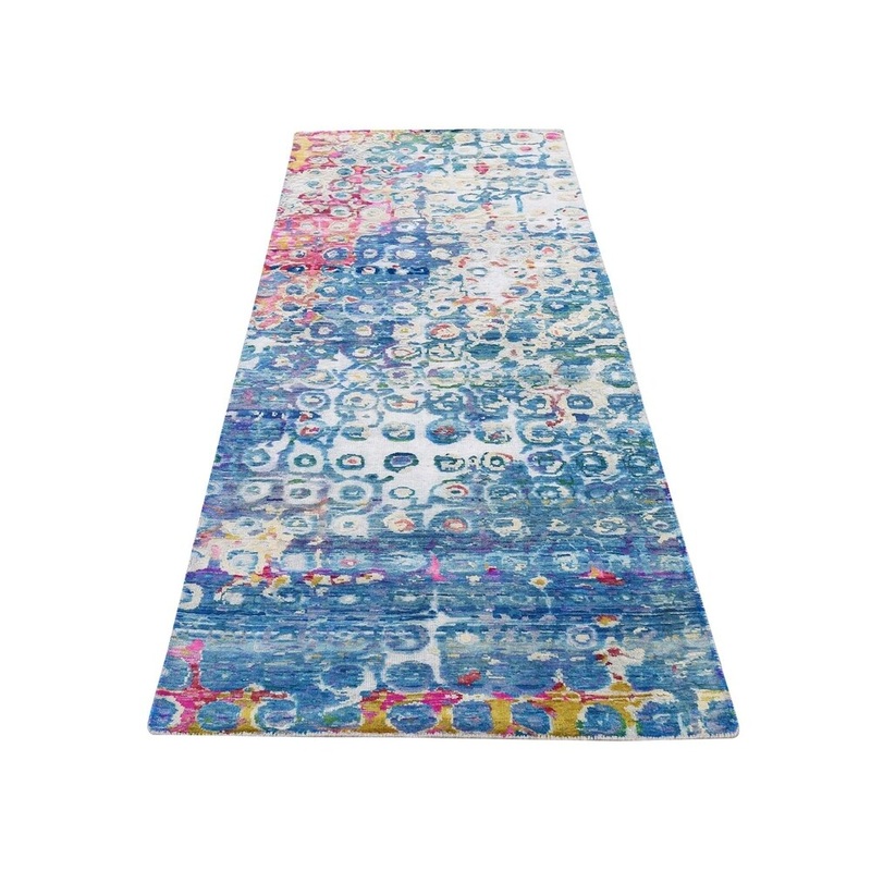 Shahbanu Rugs THE PEACOCK, Sari Silk Colorful Runner Hand-Knotted Oriental Rug (2'8" x 8'1") - 2'8" x 8'1"