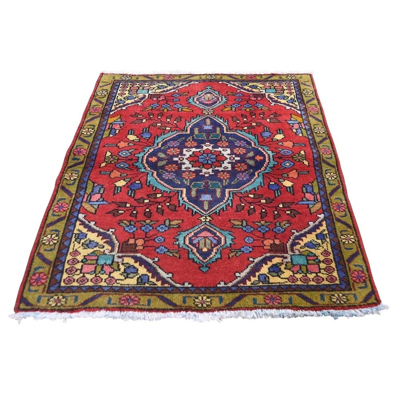 Shahbanu Rugs Vintage Bohemian Red Persian Tabriz Pure Wool Hand-Knotted Rug (3'3" x 4'9") - 3'3" x 4'9"