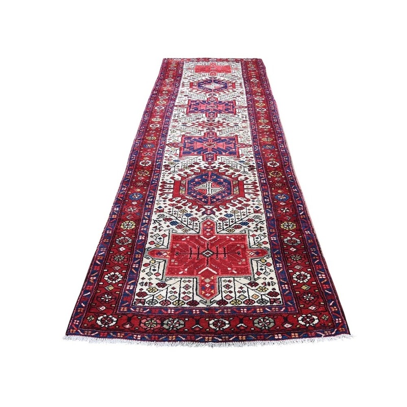 Shahbanu Rugs Vintage Persian Heriz Pure Wool Hand-Knotted Runner Oriental Rug (3'4" x 11'4") - 3'4" x 11'4"