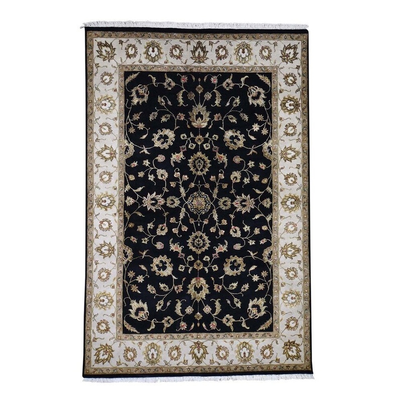 Shahbanu Rugs Black,Half Wool And Half Silk Rajasthan Hand-Knotted Oriental Rug (6'0" x 9'2") - 6'0" x 9'2"