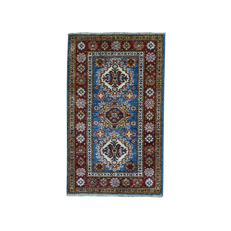Shahbanu Rugs Blue Super Kazak Pure Wool Geometric Design Hand-Knotted Oriental Rug (1'9" x 3'2") - 1'9" x 3'2"