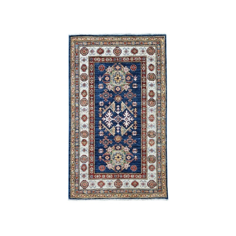 Shahbanu Rugs Blue Super Kazak Pure Wool Geometric Design Hand-Knotted Oriental Rug (2'10" x 4'2") - 2'10" x 4'2"