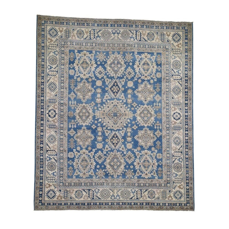 Shahbanu Rugs Blue Vintage Look Kazak Geometric Design Hand-Knotted Oriental Rug (8'3" x 9'10") - 8'3" x 9'10"