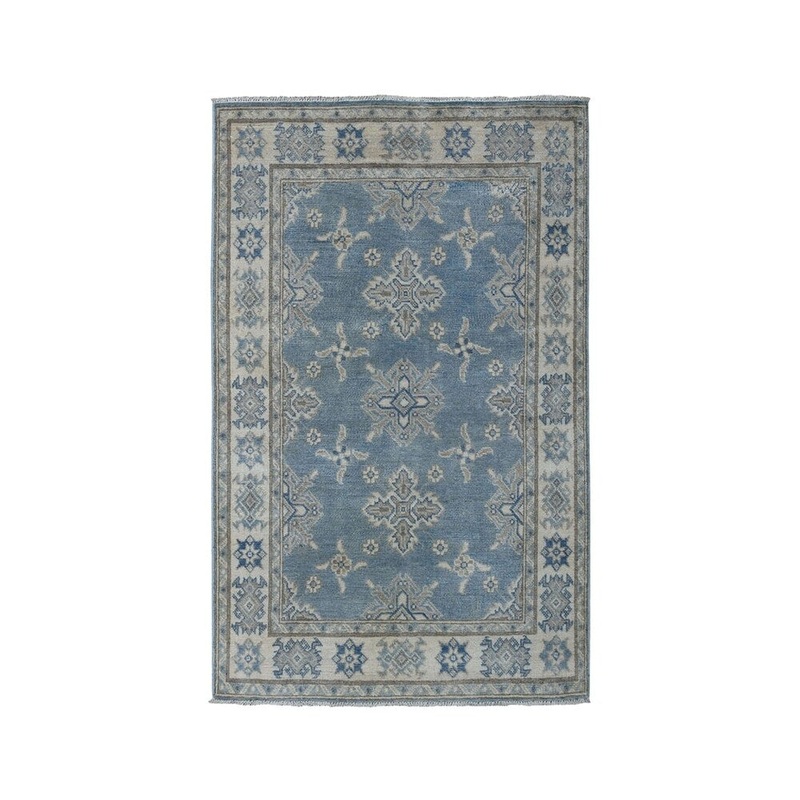 Shahbanu Rugs Blue Vintage Look Kazak Pure Wool Hand-Knotted Oriental Rug (3'5" x 4'10") - 3'5" x 4'10"