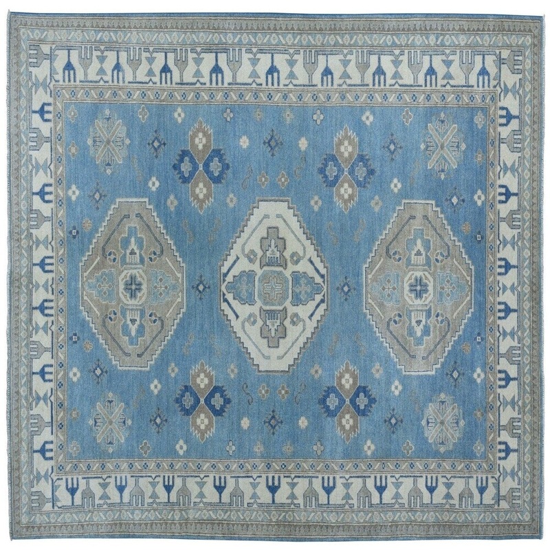 Shahbanu Rugs Blue Vintage Look Kazak Pure Wool Handmade Oriental Rug (6'2" x 8'9") - 6'2" x 8'9"