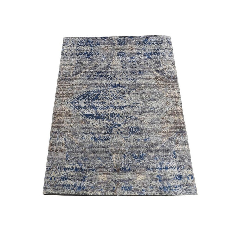 Shahbanu Rugs ERASED ROSSETS,Silk With Oxidized Wool Denim Blue Hand-Knotted Rug (2'0" x 3'0") - 2'0" x 3'0"