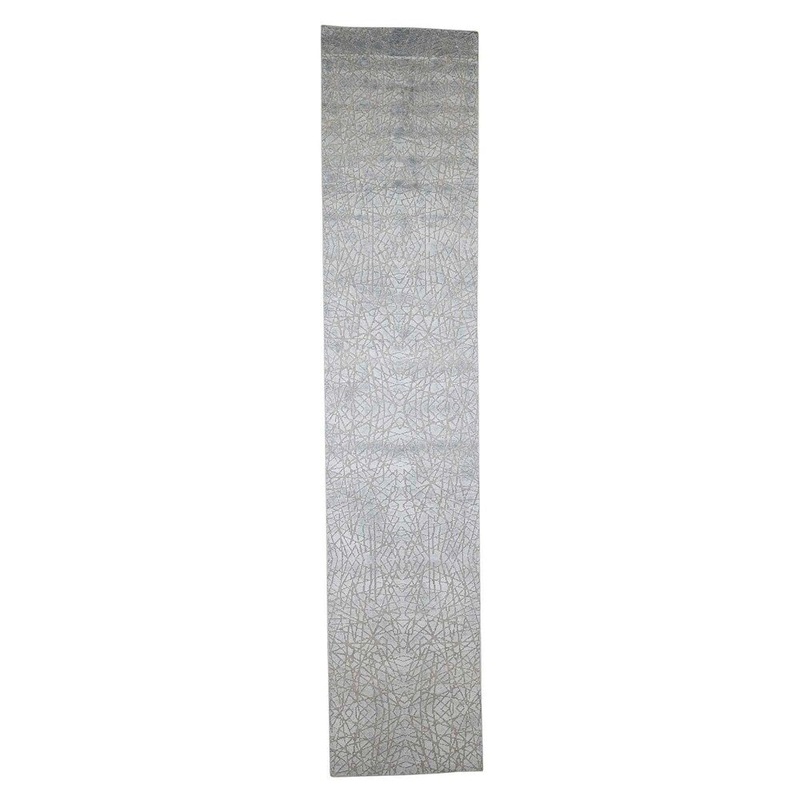 Shahbanu Rugs Flat Pile with Raised Silk Hand Knotted Tone on Tone Runner Rug (2'6" x 12'0") - 2'6" x 12'0"