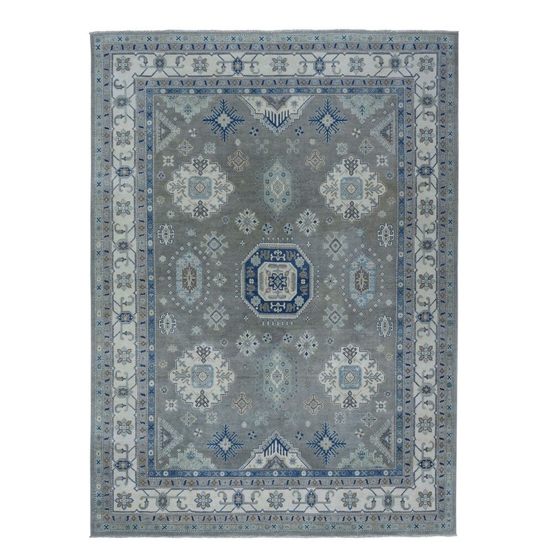 Shahbanu Rugs Gray Vintage Look Kazak Geometric Design Pure Wool Hand-Knotted Rug (8'9" x 12'0") - 8'9" x 12'0"