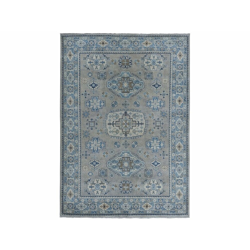 Shahbanu Rugs Gray Vintage Look Kazak Pure Wool Hand-Knotted Oriental Rug (4'10" x 6'5") - 4'10" x 6'5"