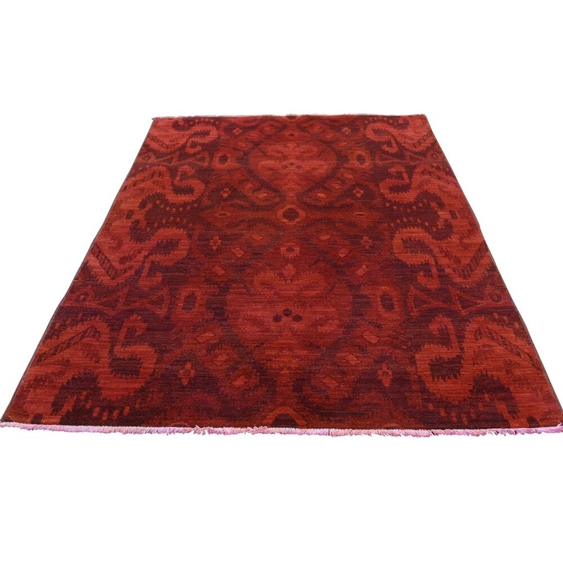 Shahbanu Rugs Hand Knotted Red Cast Ikat Overdyed Pure Wool Oriental Rug (4'2" x 6'4") - 4'2" x 6'4"