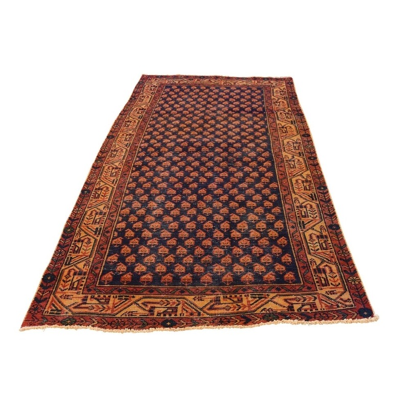 Shahbanu Rugs Hand-Knotted Vintage Overdyed Persian Sarouk Mir Wide Runner Rug (3'3" x 6'10") - 3'3" x 6'10"