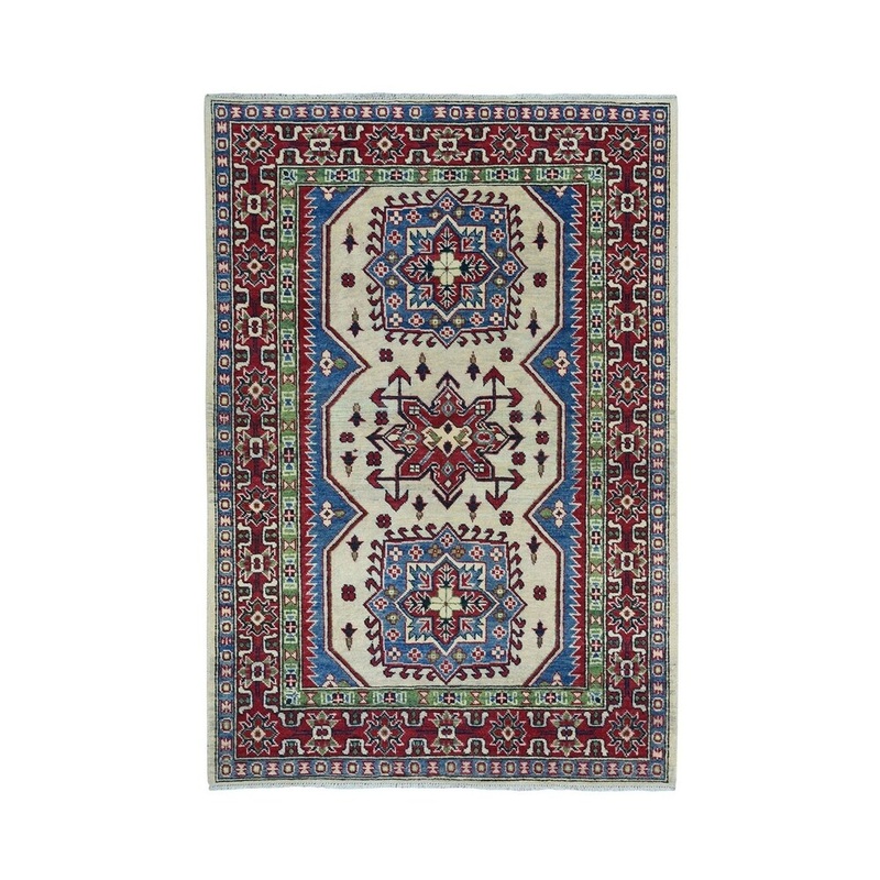 Shahbanu Rugs Ivory Geometric Design Kazak Pure Wool Hand-Knotted Oriental Rug (4'2" x 6'0") - 4'2" x 6'0"