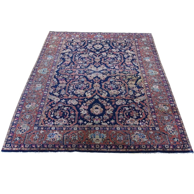 Shahbanu Rugs Navy Blue Antique Persian Tabriz Some Wear Hand-Knotted Oriental Rug (4'7" x 6'10") - 4'7" x 6'10"