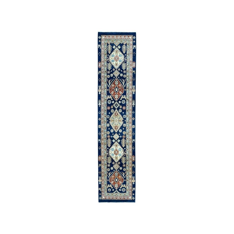 Shahbanu Rugs Navy Northwest Pictorial Pure Wool Peshawar Handmade Oriental Runner (2'10" x 10'5") - 2'10" x 10'5"