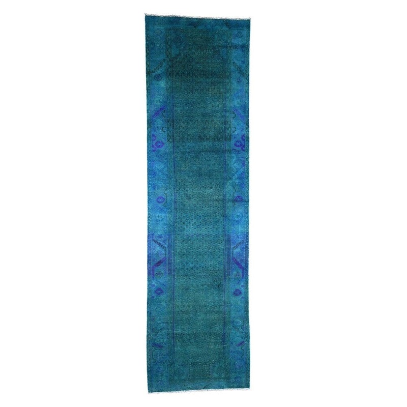 Shahbanu Rugs Overdyed Persian Hamadan Worn Hand-Knotted Pure Wool Runner Rug (3'6" x 12'6") - 3'6" x 12'6"