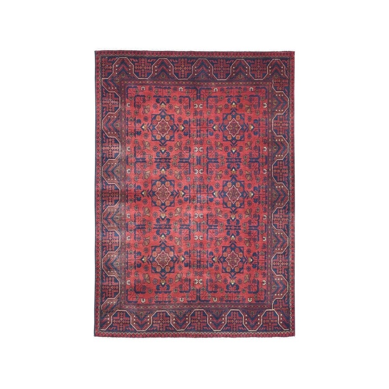 Shahbanu Rugs Red Geometric Design Afghan Andkhoy Pure Wool Hand-Knotted Rug (4'10" x 6'3") - 4'10" x 6'3"