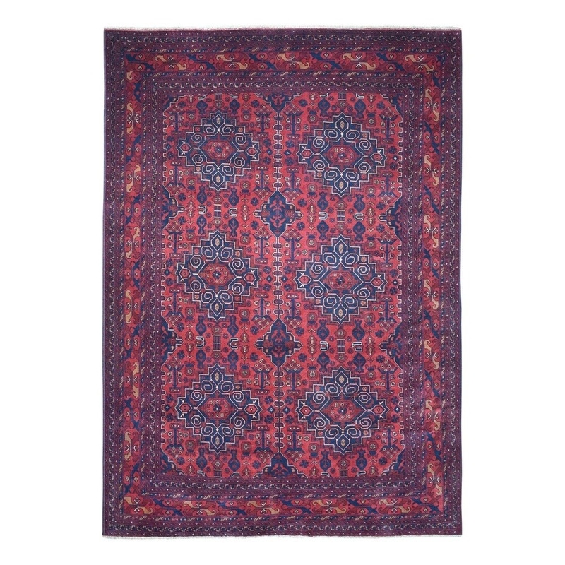 Shahbanu Rugs Red Geometric Design Afghan Andkhoy Pure Wool Hand-Knotted Rug (7'10" x 11'3") - 7'10" x 11'3"