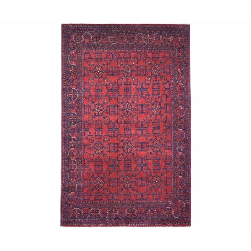 Shahbanu Rugs Red Geometric Design Afghan Andkhoy Pure Wool Handmade Rug (5'5" x 7'8") - 5'5" x 7'8"