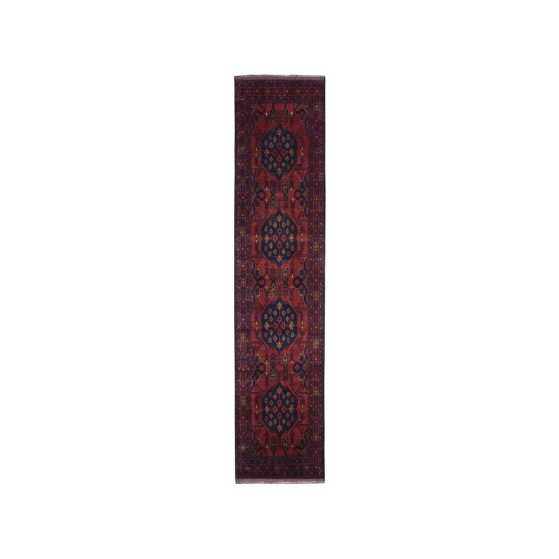 Shahbanu Rugs Red Geometric Design Afghan Pure Wool Hand-Knotted Runner Rug (2'8" x 9'6") - 2'8" x 9'6"