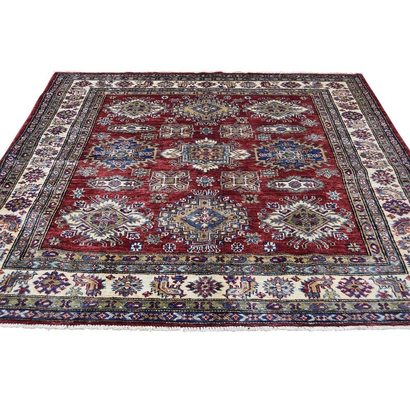 Shahbanu Rugs Red Square Super Kazak Geometric Design Pure Wool Hand-Knotted Rug (5'0" x 5'0") - 5'0" x 5'0"