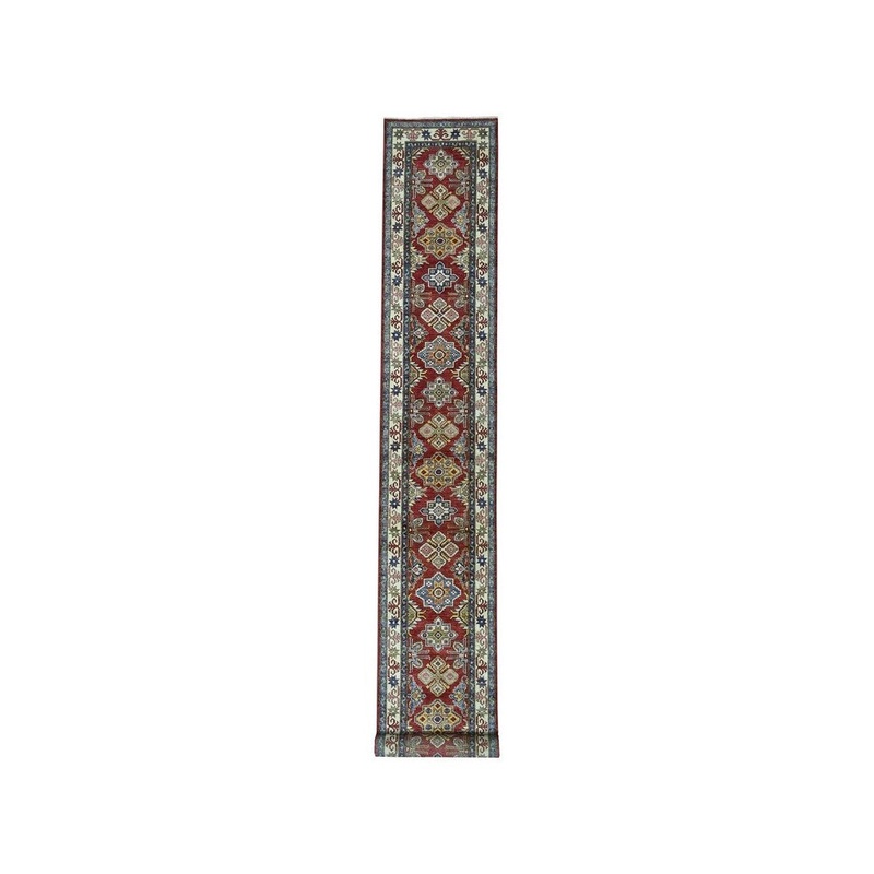 Shahbanu Rugs Red Super Kazak Geometric Design XL Runner Pure Wool Hand-Knotted Rug (2'4" x 18'0") - 2'4" x 18'0"