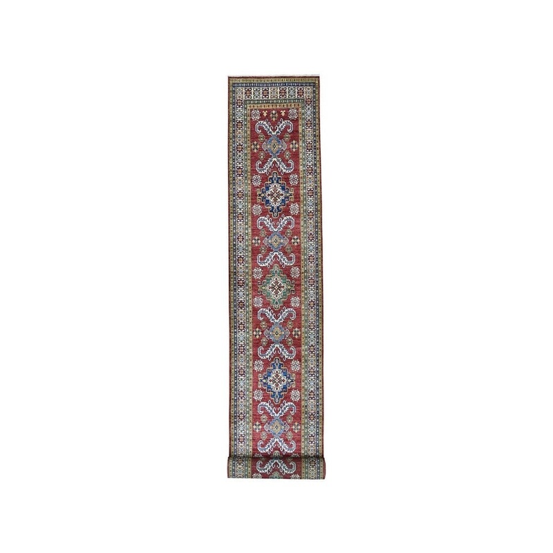 Shahbanu Rugs Red Super Kazak Geometric XL Runner Hand-Knotted Oriental Rug (3'3" x 20'2") - 3'3" x 20'2"
