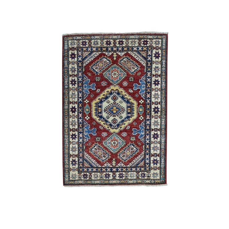 Shahbanu Rugs Red Super Kazak Pure Wool Geometric Design Hand-Knotted Oriental Rug (3'1" x 4'0") - 3'1" x 4'0"