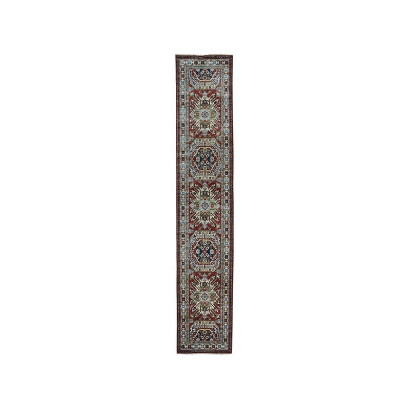 Shahbanu Rugs Red Super Kazak Pure Wool Geometric Design Hand-Knotted Runner Rug (2'10" x 12'7") - 2'10" x 12'7"