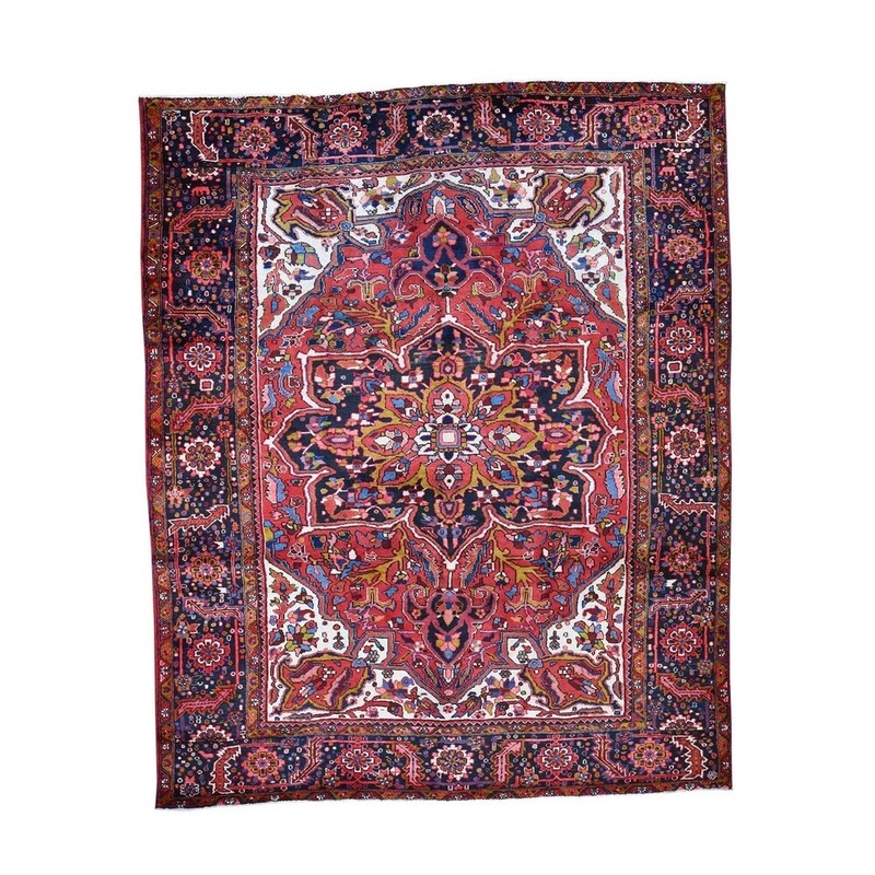 Shahbanu Rugs Semi Antique Persian Heriz Flower Design Hand-Knotted Oriental Rug (8'8" x 10'7") - 8'8" x 10'7"
