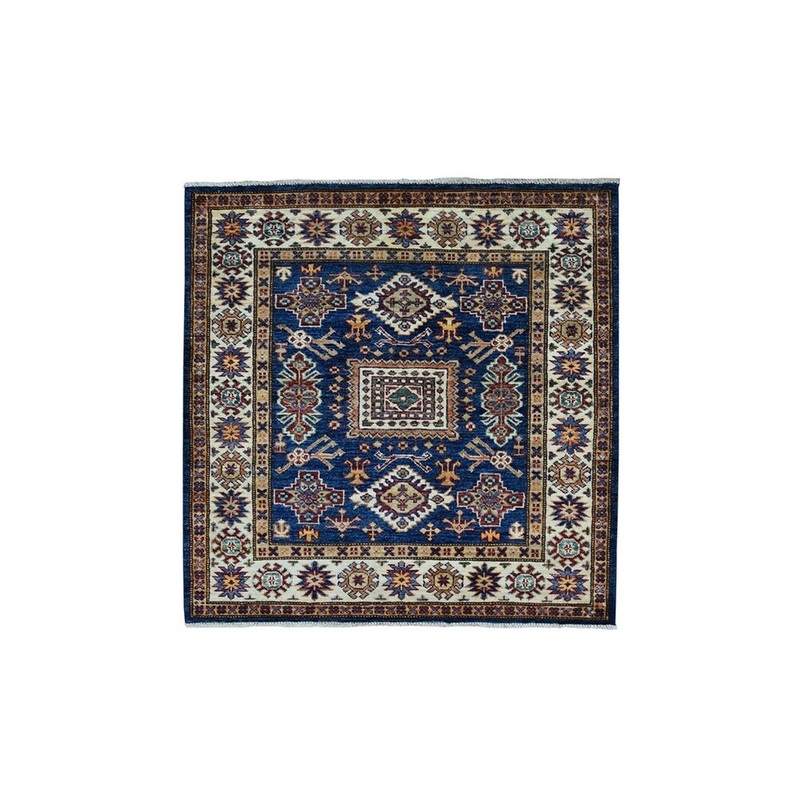 Shahbanu Rugs Square Blue Super Kazak Geometric Design Pure Wool Hand-Knotted Rug (3'4" x 3'4") - 3'4" x 3'4"
