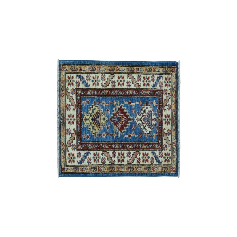 Shahbanu Rugs Super Kazak Pure Wool Blue Geometric Design Hand-Knotted Oriental Rug (1'10" x 3'0") - 1'10" x 3'0"