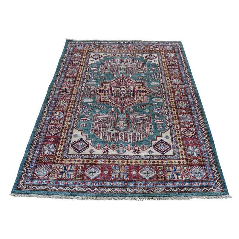 Shahbanu Rugs Super Kazak Pure Wool Geometric Design Hand-Knotted Oriental Rug (4'0" x 5'4") - 4'0" x 5'4"