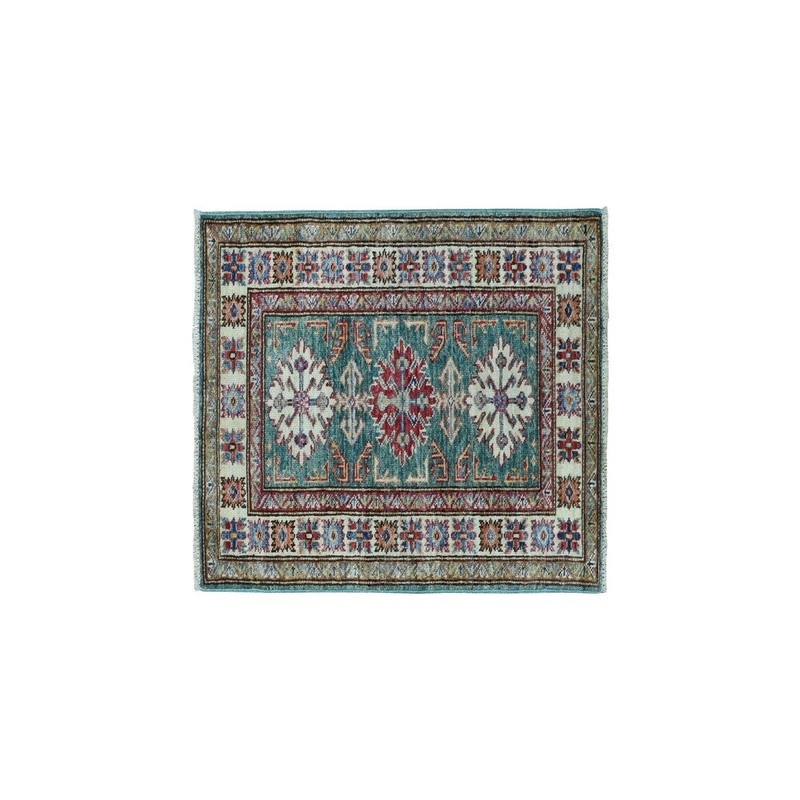 Shahbanu Rugs Teal Super Kazak Pure Wool Geometric Design Hand-Knotted Oriental Rug (2'0" x 3'2") - 2'0" x 3'2"