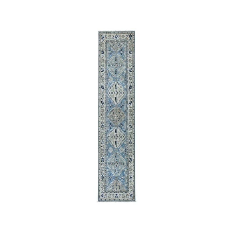 Shahbanu Rugs Vintage Look Kazak Geometric Design Pure Wool Hand-Knotted Rug (2'7" x 9'7") - 2'7" x 9'7"