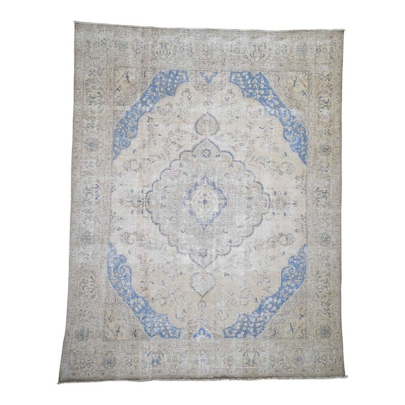 Shahbanu Rugs Vintage White Wash Persian Tabriz Zero Pile Hand-Knotted Oriental Rug (9'10" x 12'0") - 9'10" x 12'0"
