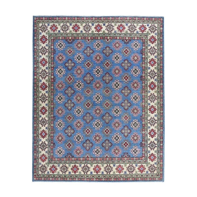 Shahbanu Rugs Blue Geometric Design Kazak Pure Wool Hand-Knotted Oriental Rug (8'3" x 10'0") - 8'3" x 10'0"