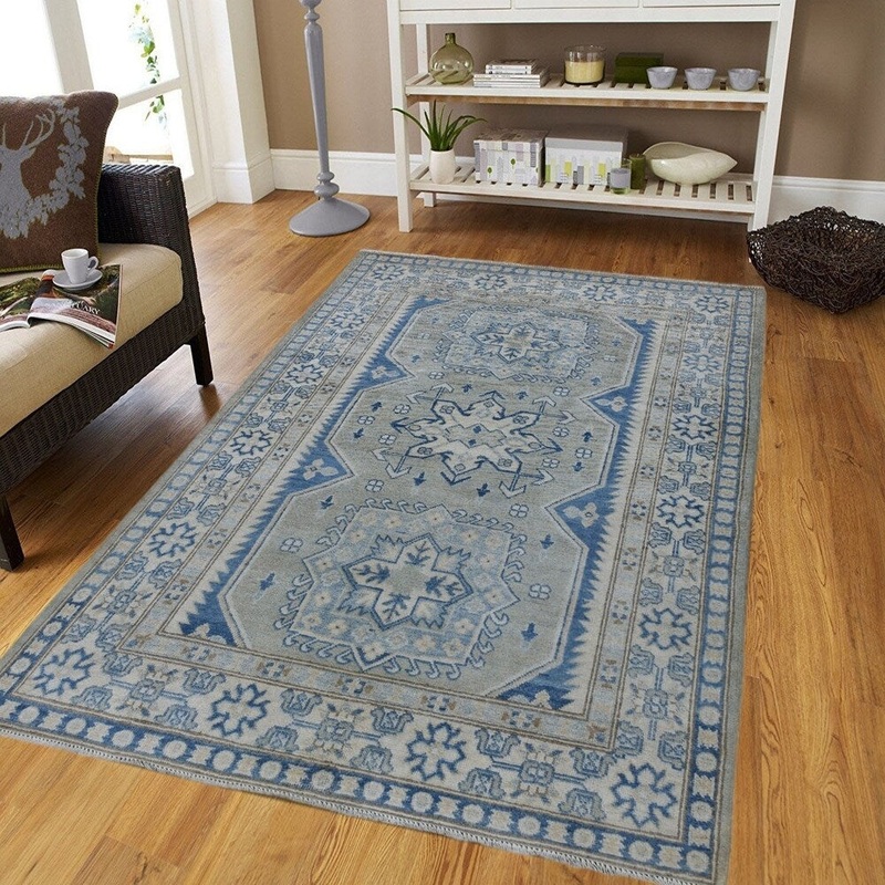 Shahbanu Rugs Blue Hand-Knotted Vintage Look Kazak Pure Wool Oriental Rug (4'0" x 5'7") - 4'0" x 5'7"