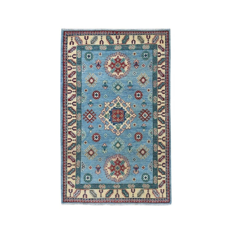 Shahbanu Rugs Blue Kazak Pure Wool Geometric Design Handmade Rug (3'4" x 5'1") - 3'4" x 5'1"