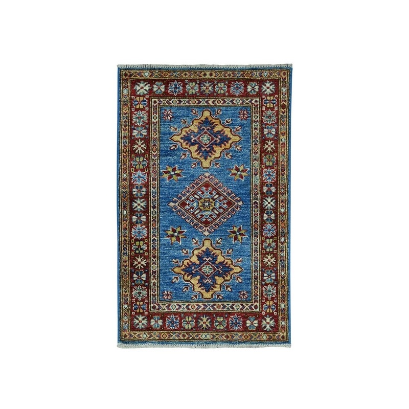 Shahbanu Rugs Blue Super Kazak Pure Wool Geometric Design Hand-Knotted Oriental Rug (2'1" x 3'4") - 2'1" x 3'4"