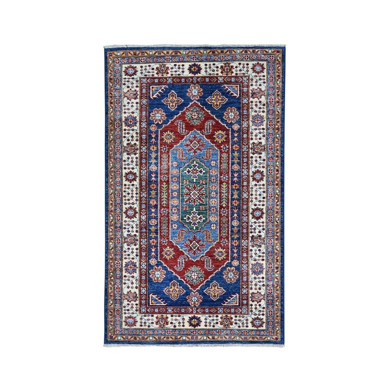 Shahbanu Rugs Blue Super Kazak Pure Wool Geometric Design Hand-Knotted Oriental Rug (3'3" x 5'2") - 3'3" x 5'2" - 3'3" x 5'2"