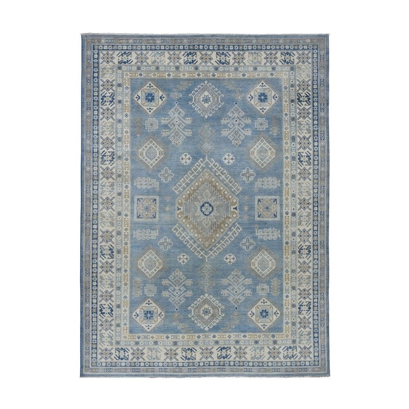 Shahbanu Rugs Blue Vintage Look Kazak Geometric Design Pure Wool Hand-Knotted Rug (6'6" x 9'6") - 6'6" x 9'6"