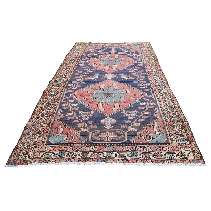 Shahbanu Rugs Blue Vintage North West Persian Bohemian Wide Runner Pure Wool Rug (4'9" x 10'7") - 4'9" x 10'7"