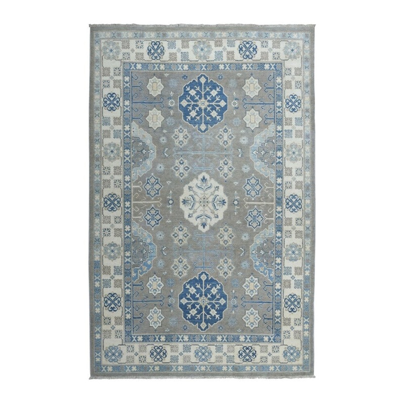Shahbanu Rugs Gray Vintage Look Kazak Geometric Design Pure Wool Hand Knotted Oriental Rug (6'0" x 8'5") - 6'0" x 8'5"