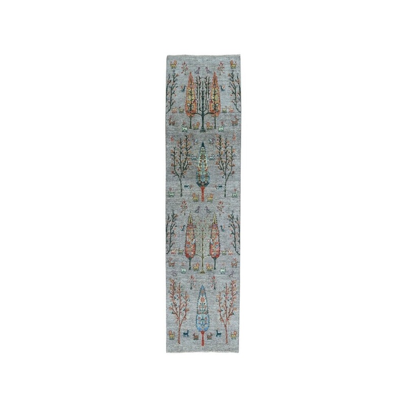 Shahbanu Rugs Gray Willow And Cypress Tree Design Pure Wool Runner Hand-Knotted Rug (2'8" x 7'9") - 2'8" x 7'9"